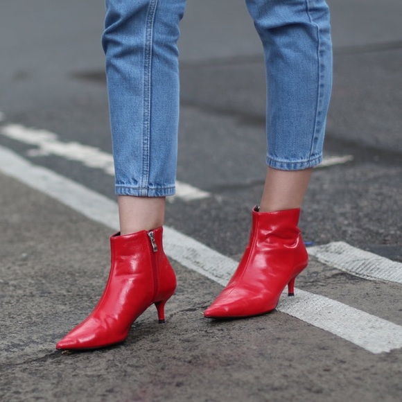 red mid heel ankle boots